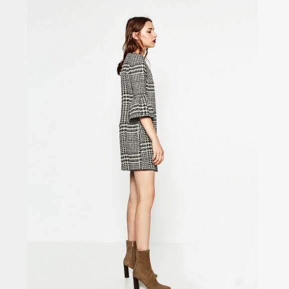 2/$30 ZARA Houndstooth Glen Plaid Shift Dress with Frilled Sleeve Ecru S#5327 - Picture 6 of 16